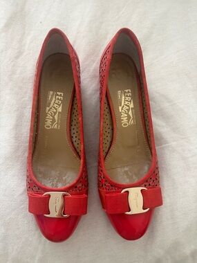 Salvatore Ferragamo Red Patent & Fabric Bow Flats